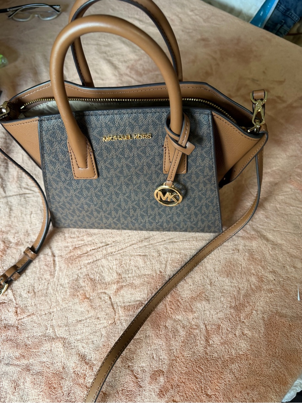 Michael Kors Brown Logo and Leather Satchel with Gold Hardware